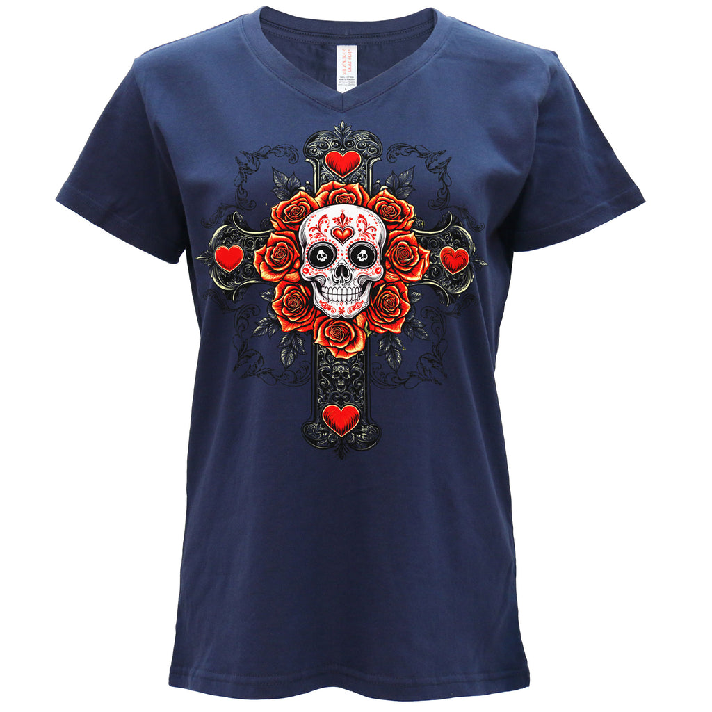 Hot Leathers Cross Skull Ladies Navy V-Neck T-Shirt GLC1606