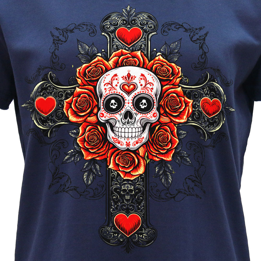 Hot Leathers Cross Skull Ladies Navy V-Neck T-Shirt GLC1606