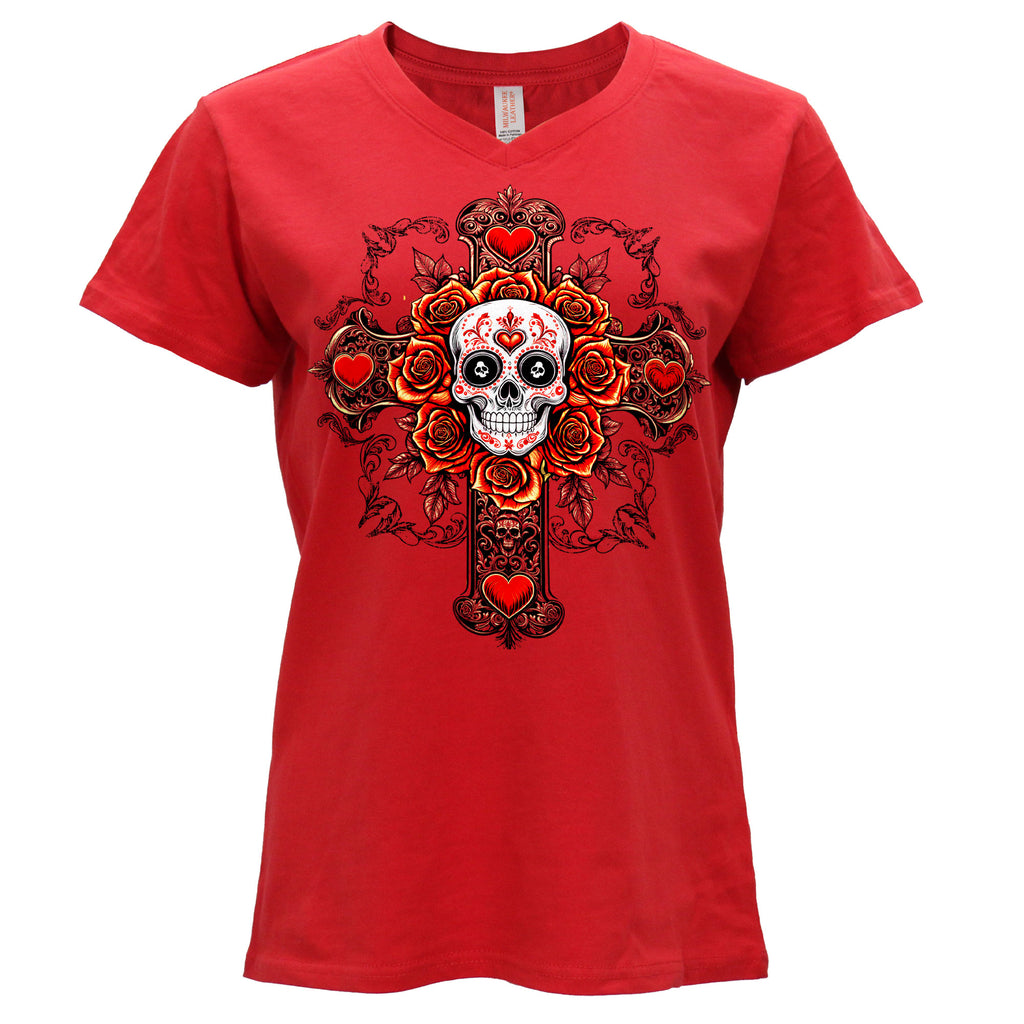 Hot Leathers Cross Skull Ladies Red V Neck T-Shirt GLC1607