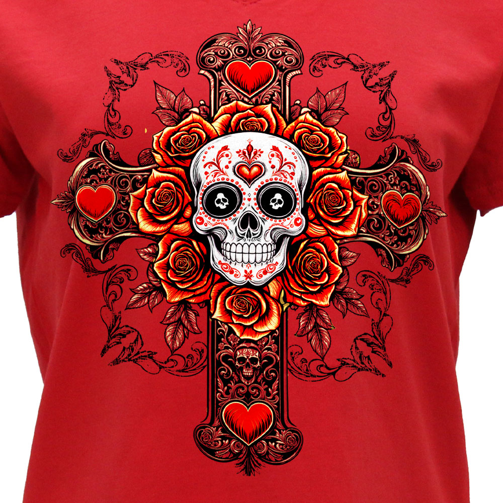 Hot Leathers Cross Skull Ladies Red V Neck T-Shirt GLC1607
