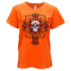 Hot Leathers Cross Skull SS Orange V Neck T-shirt GLC1608