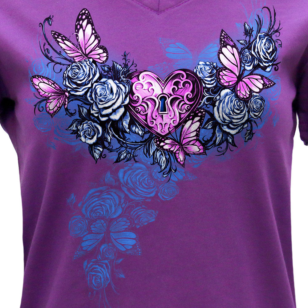 Hot Leathers Heart Lock Ladies Purple V-Neck T-Shirt GLC1609