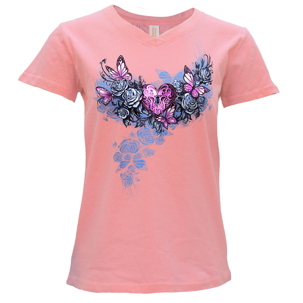 Hot Leathers Heart Lock Ladies Pink V-Neck T-Shirt GLC1612