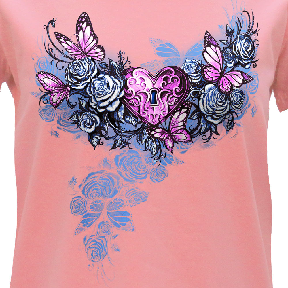 Hot Leathers Heart Lock Ladies Pink V-Neck T-Shirt GLC1612