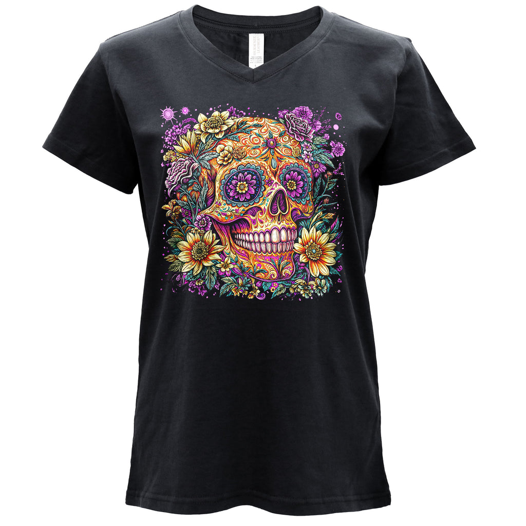 Hot Leathers Candy Flower Skull Womens Black V Neck T-shirt GLC1614