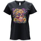 Hot Leathers Candy Flower Skull Womens Black V Neck T-shirt GLC1614