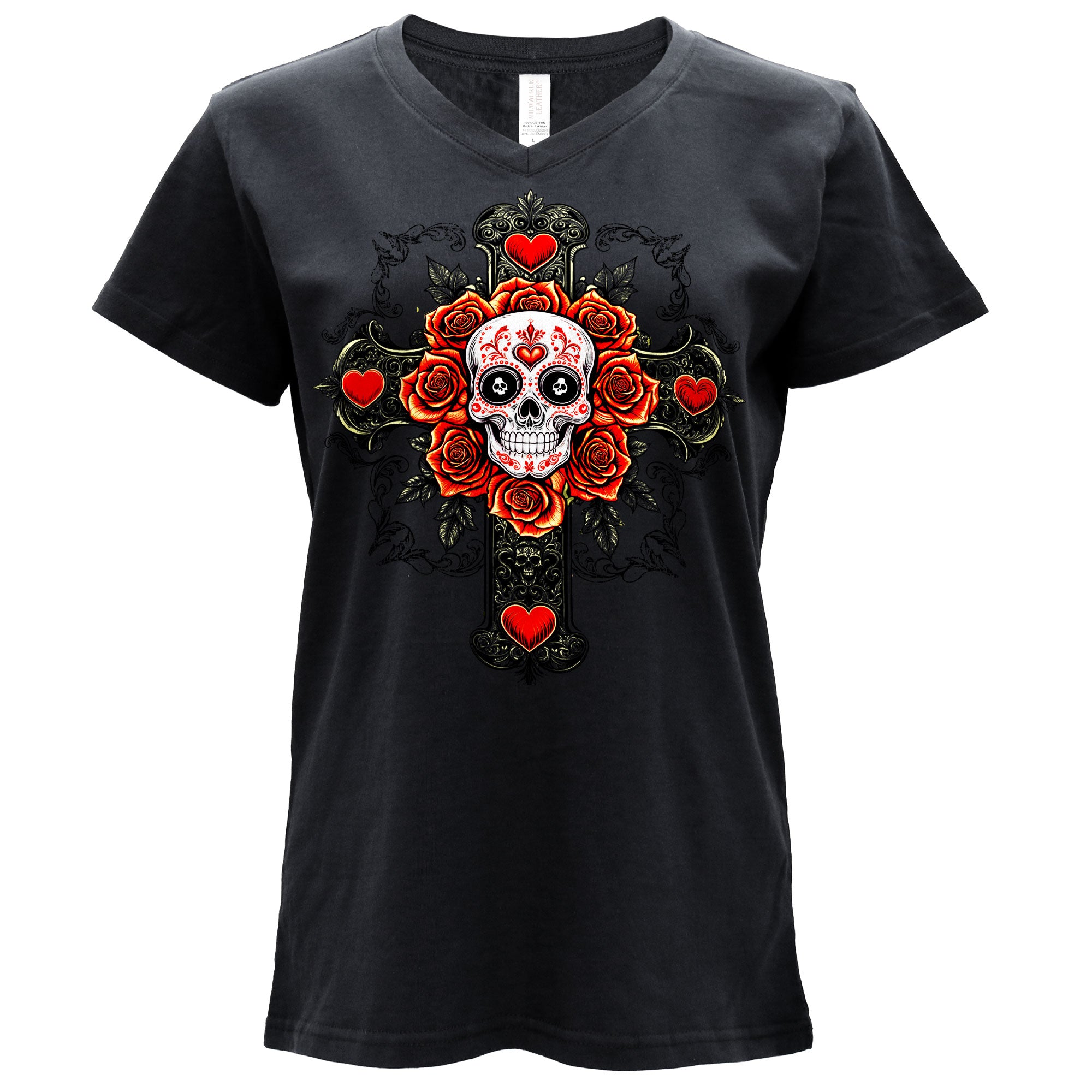 Hot Leathers Skull Cross Womens Black V Neck T-shirt GLC1615