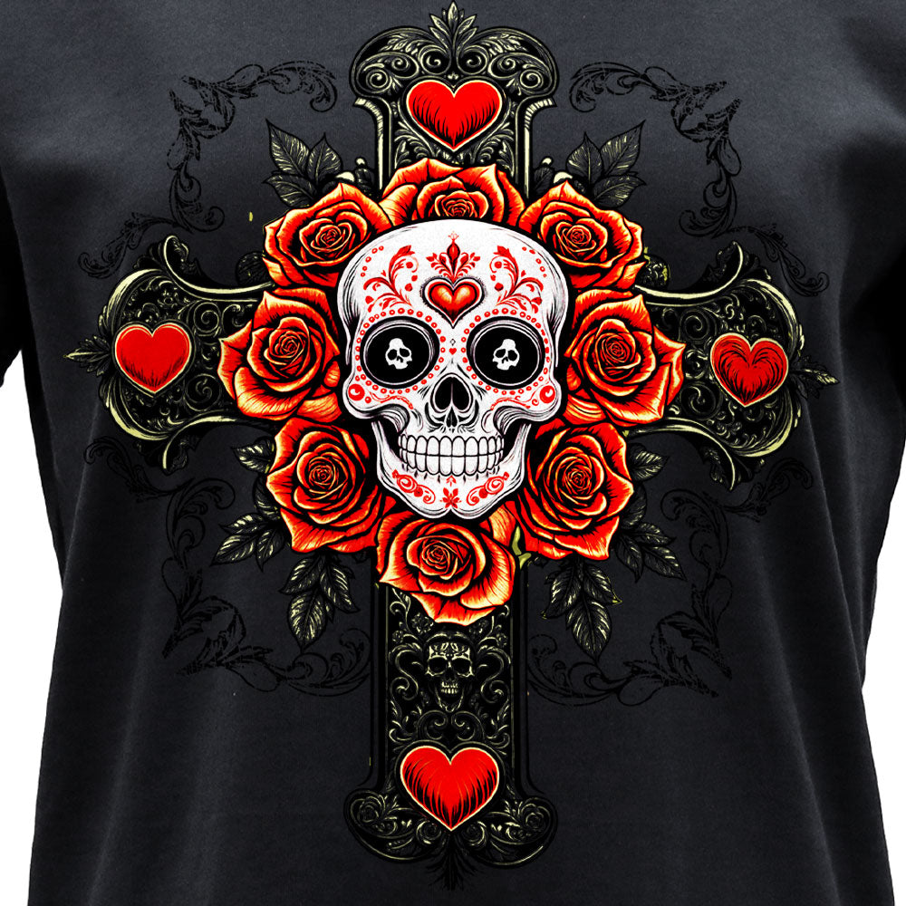 Hot Leathers Skull Cross Womens Black V Neck T-shirt GLC1615