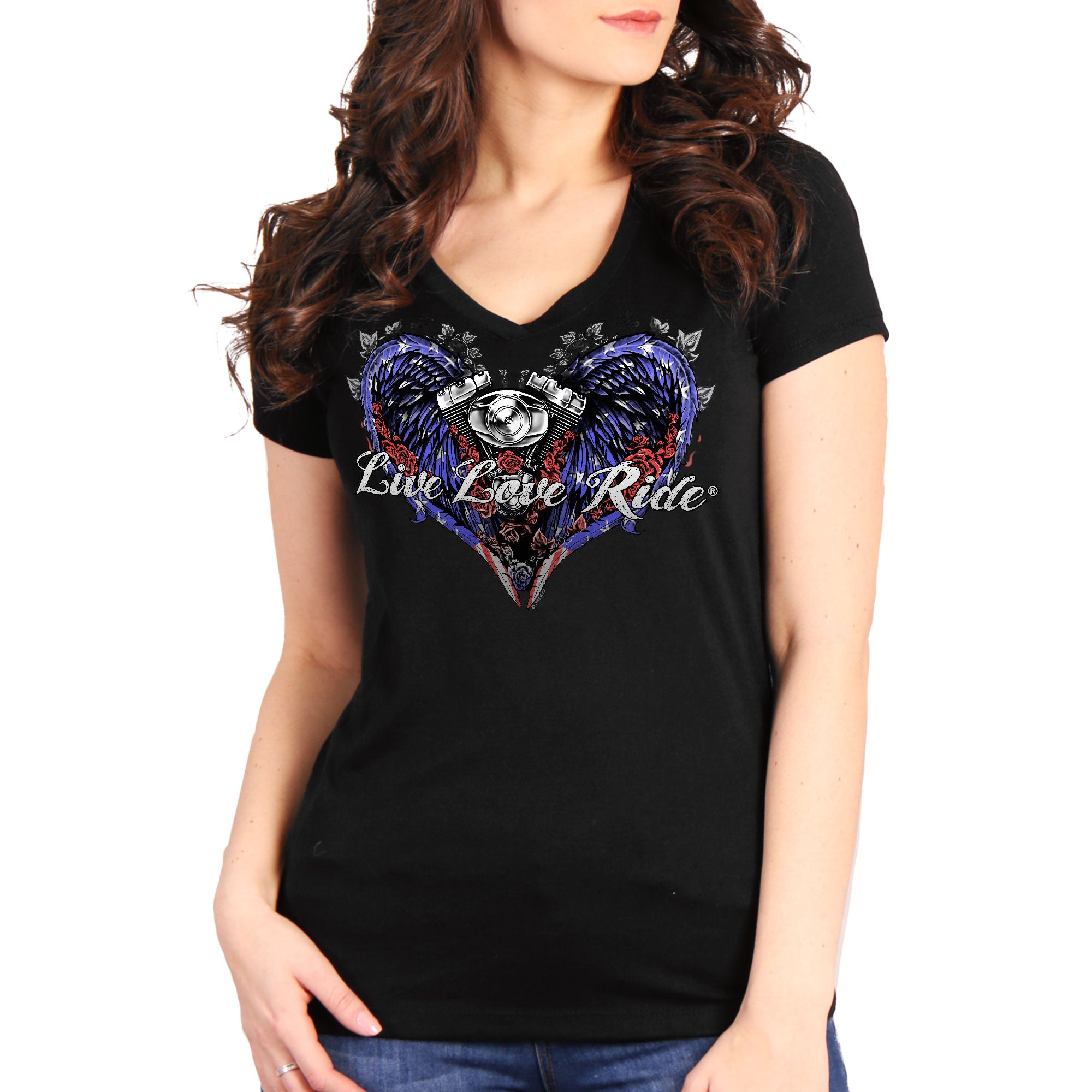 Hot Leathers Patriotic Angel Wings Womens Black V Neck T-shirt GLC1618