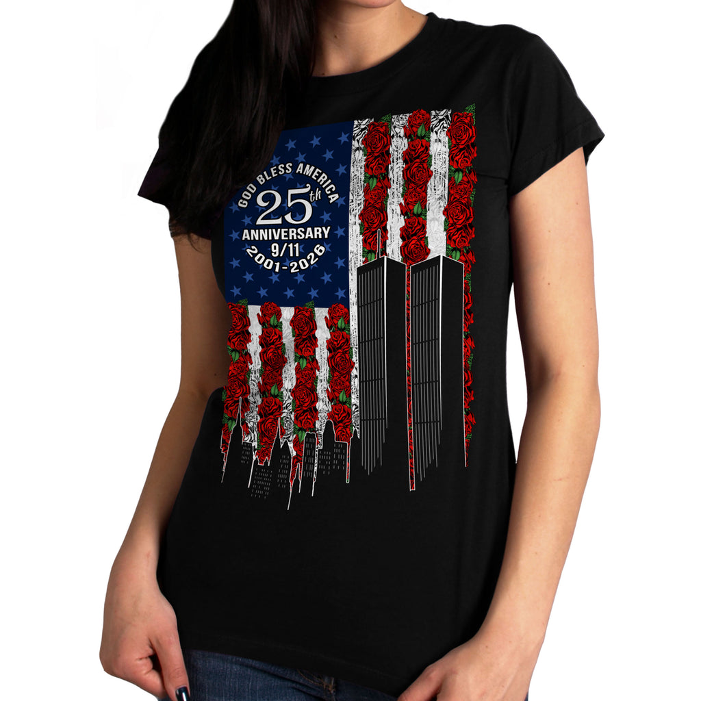 Hot Leathers GLC1620 Roses 9-11 Flag Womens Black Scoop Neck T-shirt