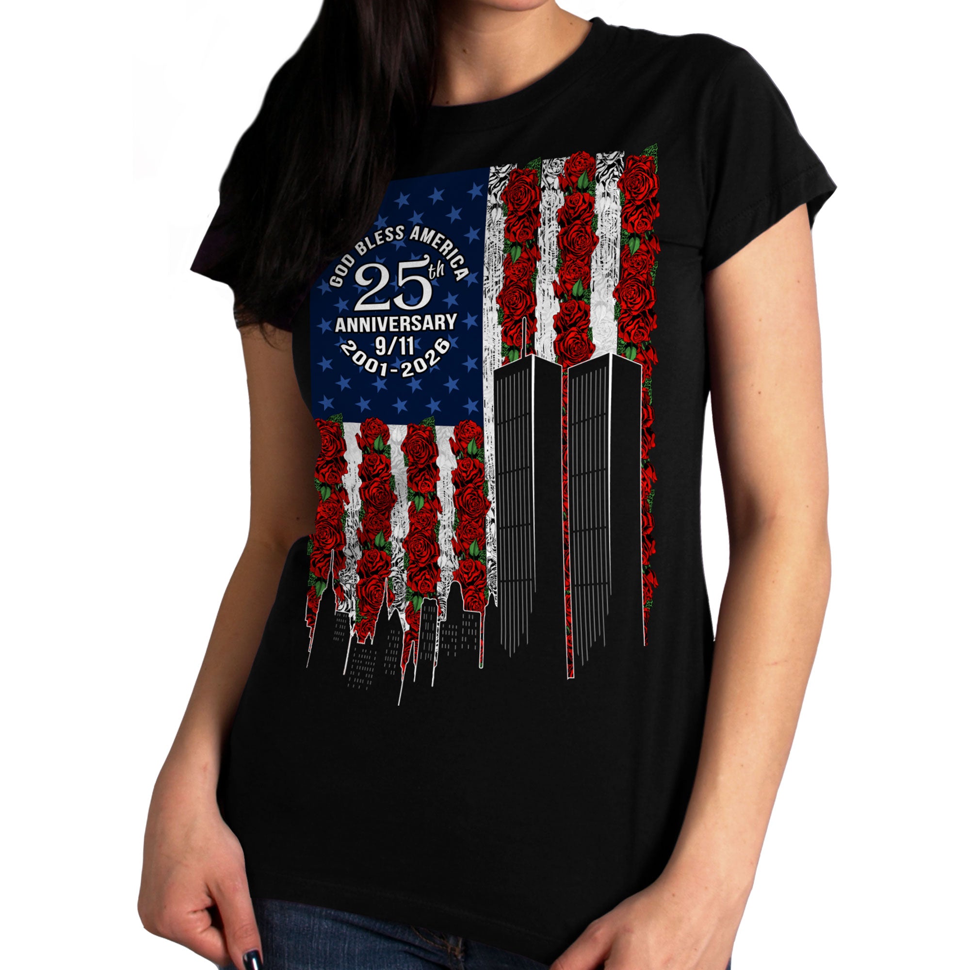 Hot Leathers GLC1620 Roses 9-11 Flag Womens Black Scoop Neck T-shirt