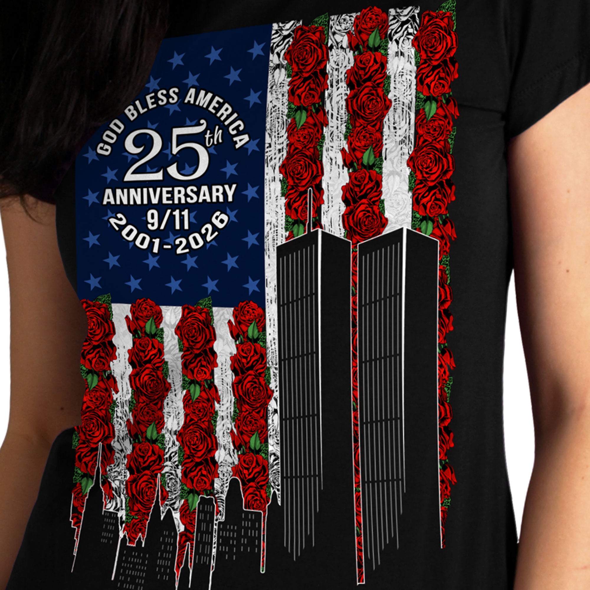 Hot Leathers GLC1620 Roses 9-11 Flag Womens Black Scoop Neck T-shirt