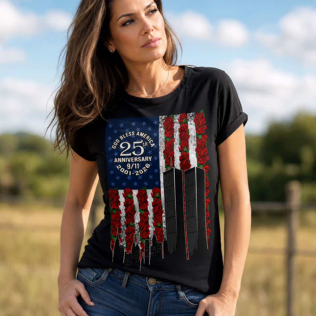 Hot Leathers GLC1620 Roses 9-11 Flag Womens Black Scoop Neck T-shirt