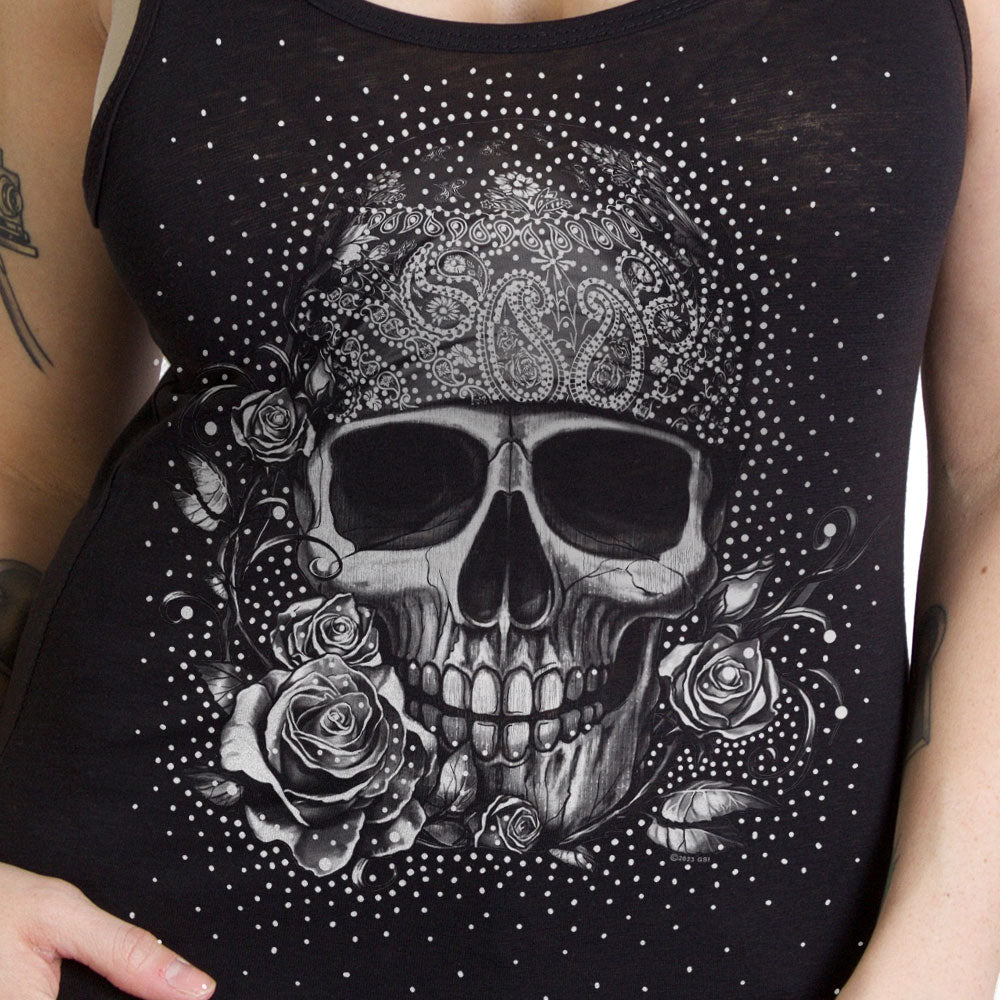 Hot Leathers Women's Skull Bandana Glitter Tank Top - Heather Charcoal - GLC2378