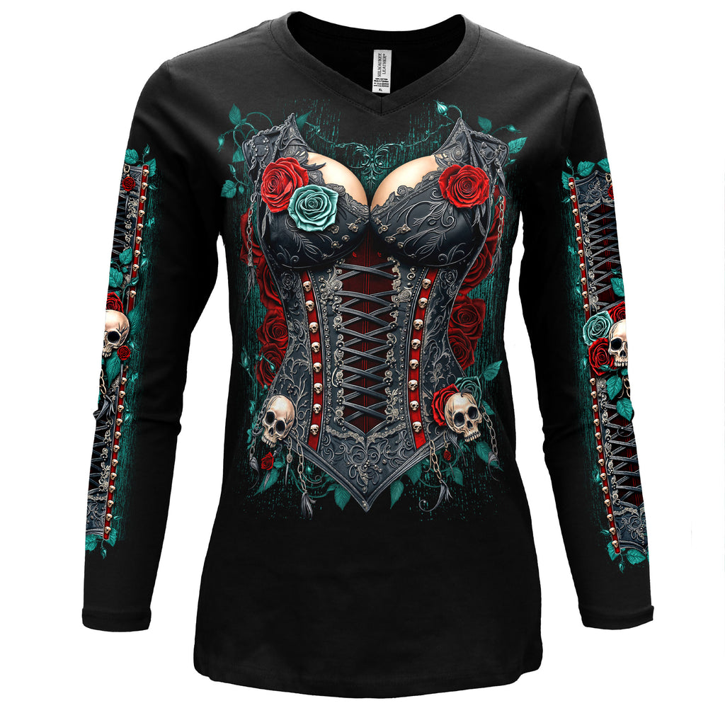 Hot Leathers V-Neck Gothic Corset Ladies Long Sleeve Black Shirt GLC3548
