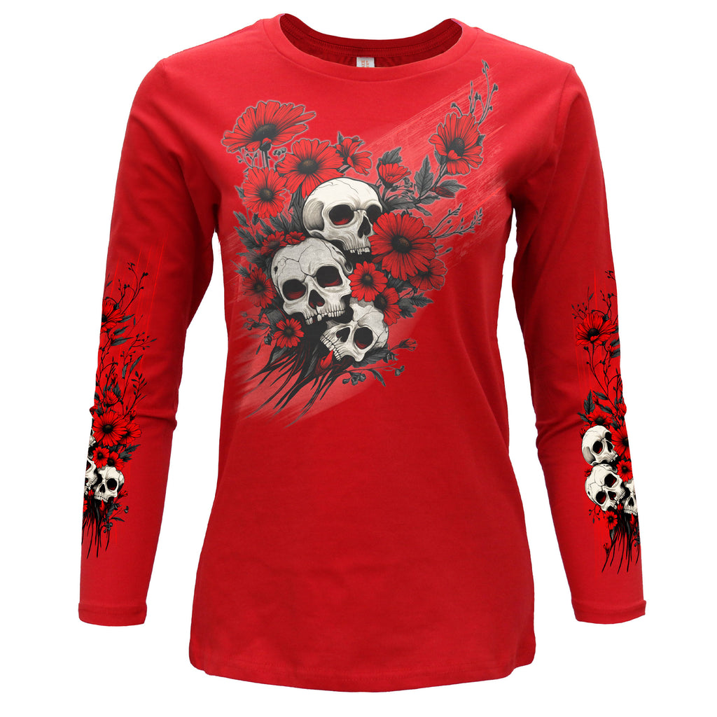 Hot Leathers Scoop Neck Wild Flowers Ladies Red Long Sleeve Shirt GLC3549