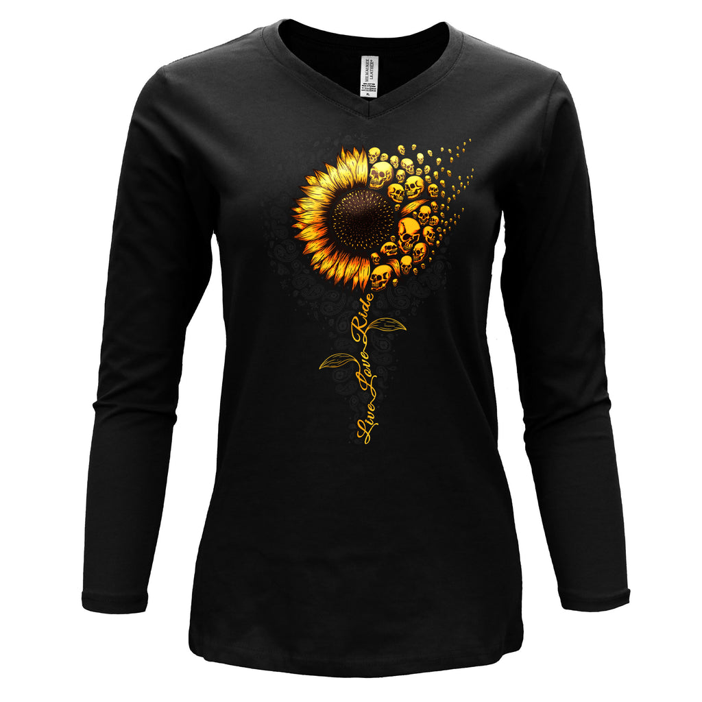 Hot Leathers Sunflower Skulls V-Neck Ladies Long Sleeve Black Shirt GLC3551