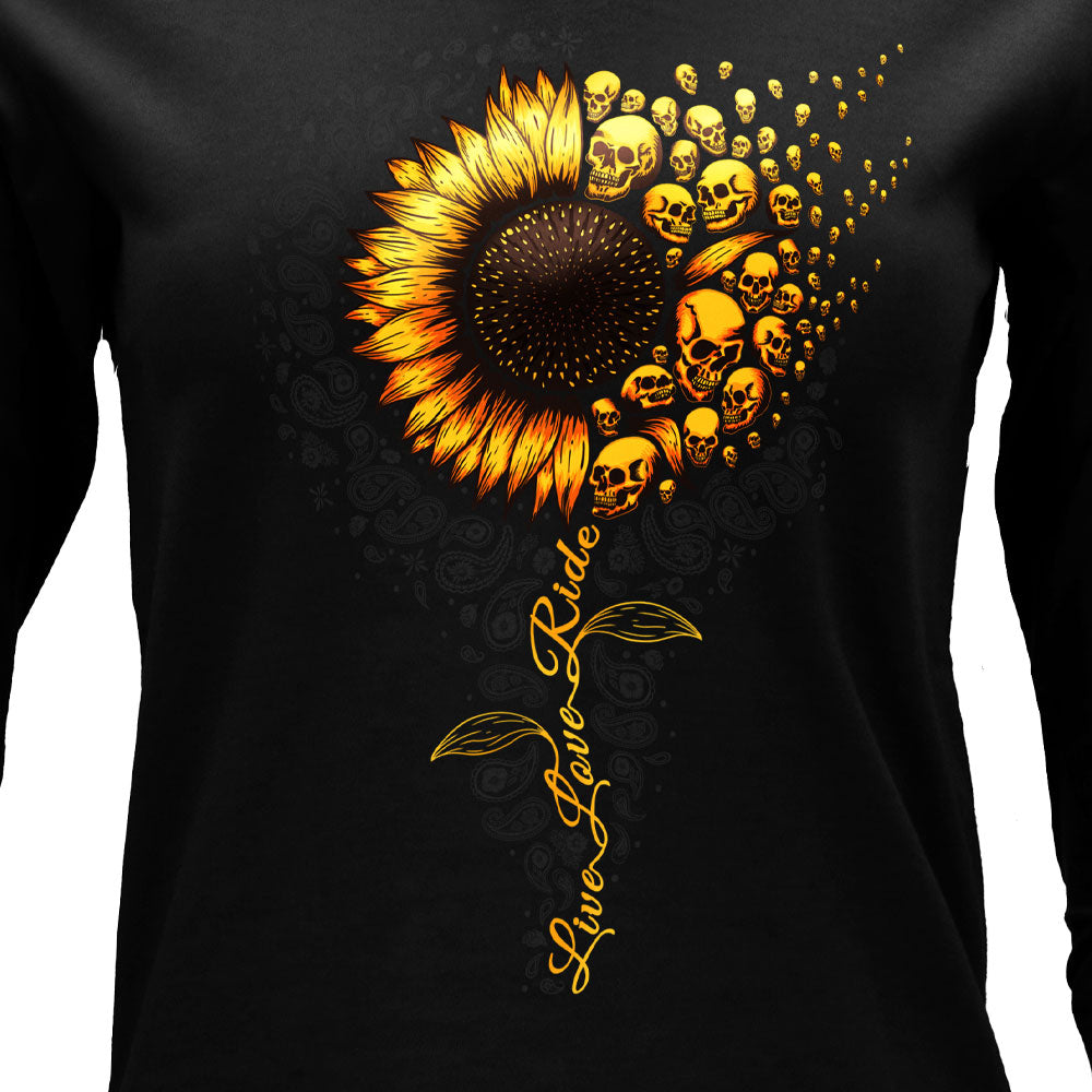 Hot Leathers Sunflower Skulls V-Neck Ladies Long Sleeve Black Shirt GLC3551