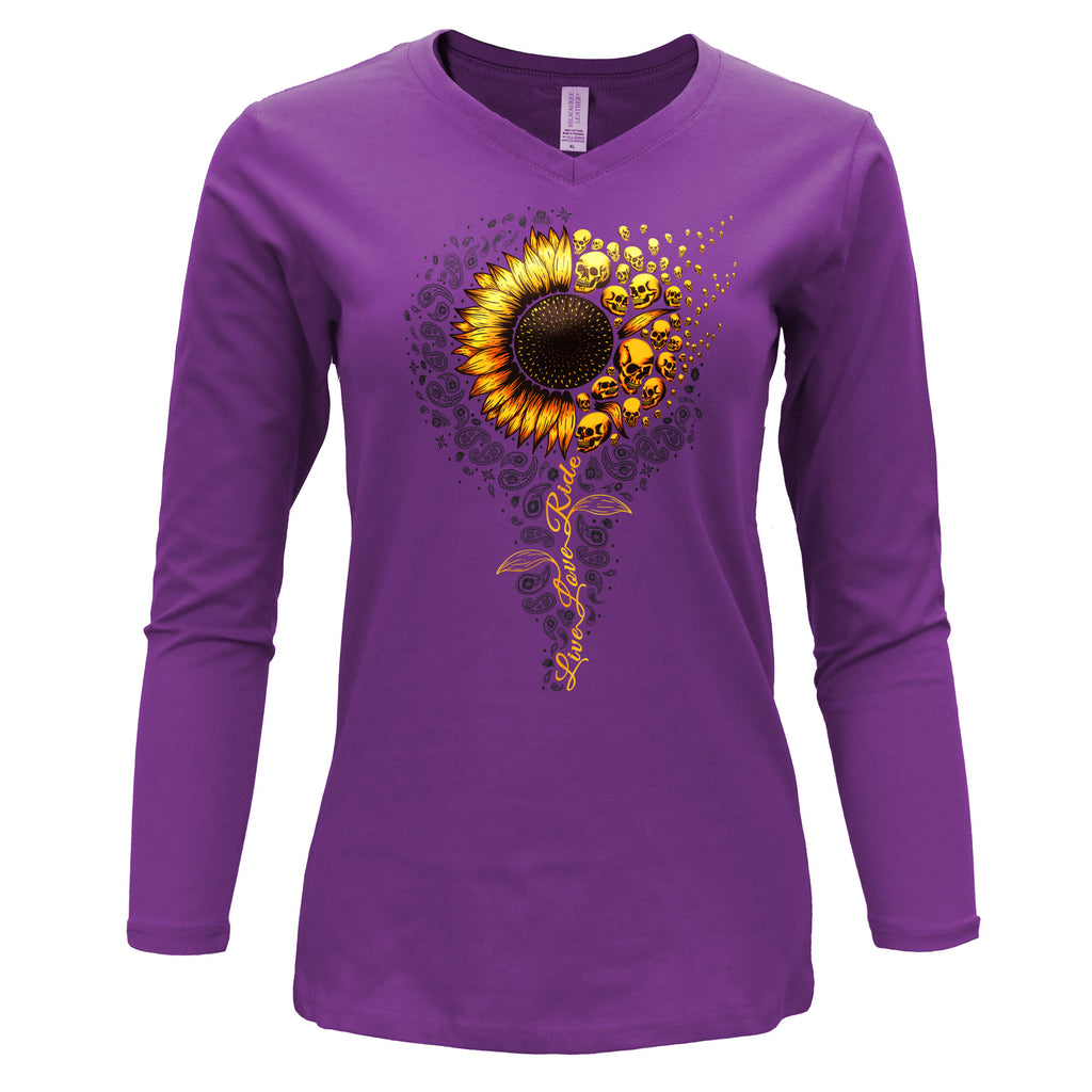 Hot Leathers Sunflower Skulls Ladies Purple V-Neck Long Sleeve Shirt GLC3552