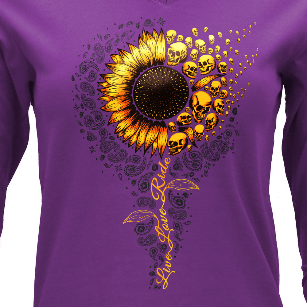 Hot Leathers Sunflower Skulls Ladies Purple V-Neck Long Sleeve Shirt GLC3552