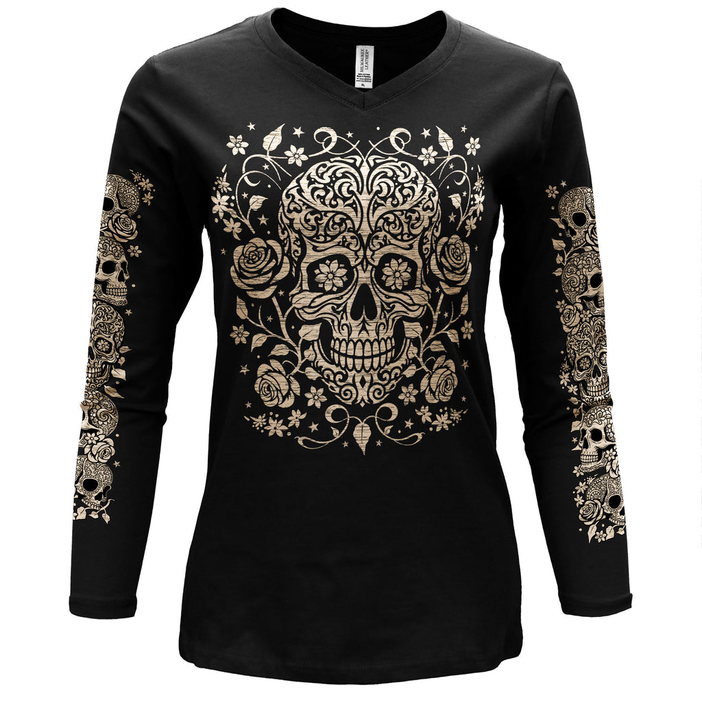 Hot Leathers Sugar Skull Magic V-Neck Ladies Long Sleeve GLC3553