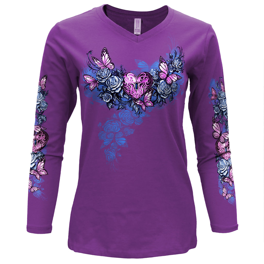 Hot Leathers Heart Lock Ladies Purple V-Neck Long Sleeve GLC3555