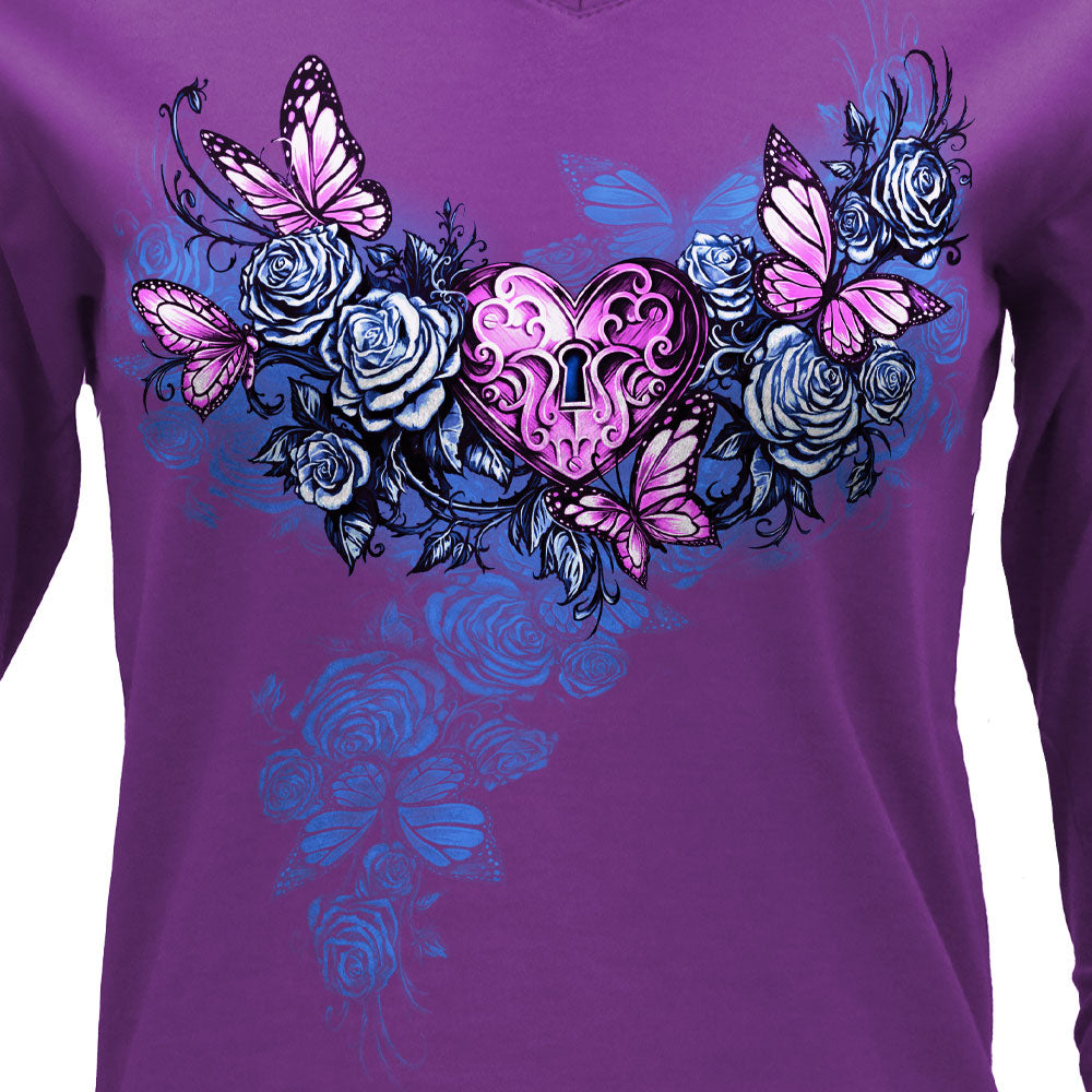 Hot Leathers Heart Lock Ladies Purple V-Neck Long Sleeve GLC3555