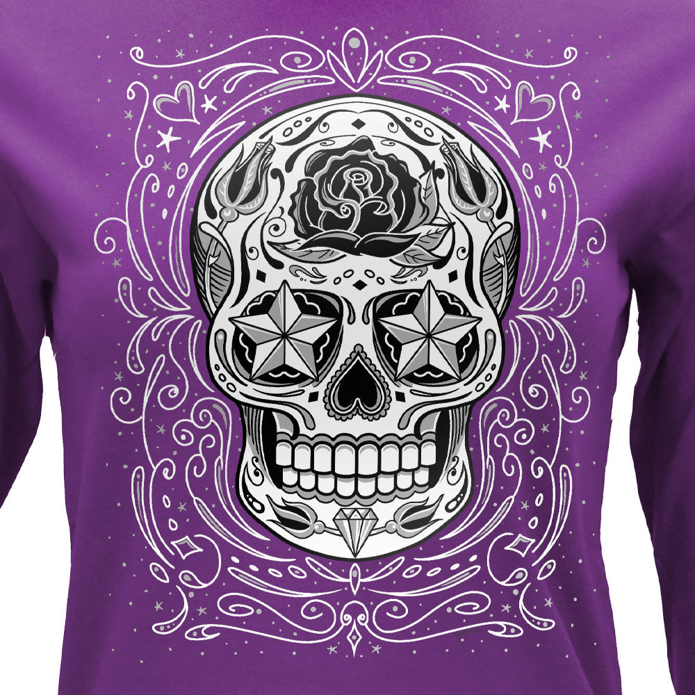 Women's Purple Sugar Skull Long Sleeve Shirt | Hot Leathers