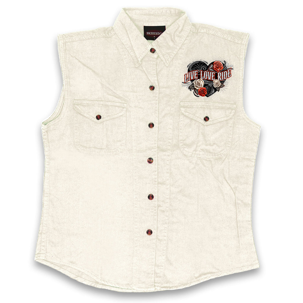Hot Leathers Live Love Ride Wings Ladies White Denim Shirt GLC5001