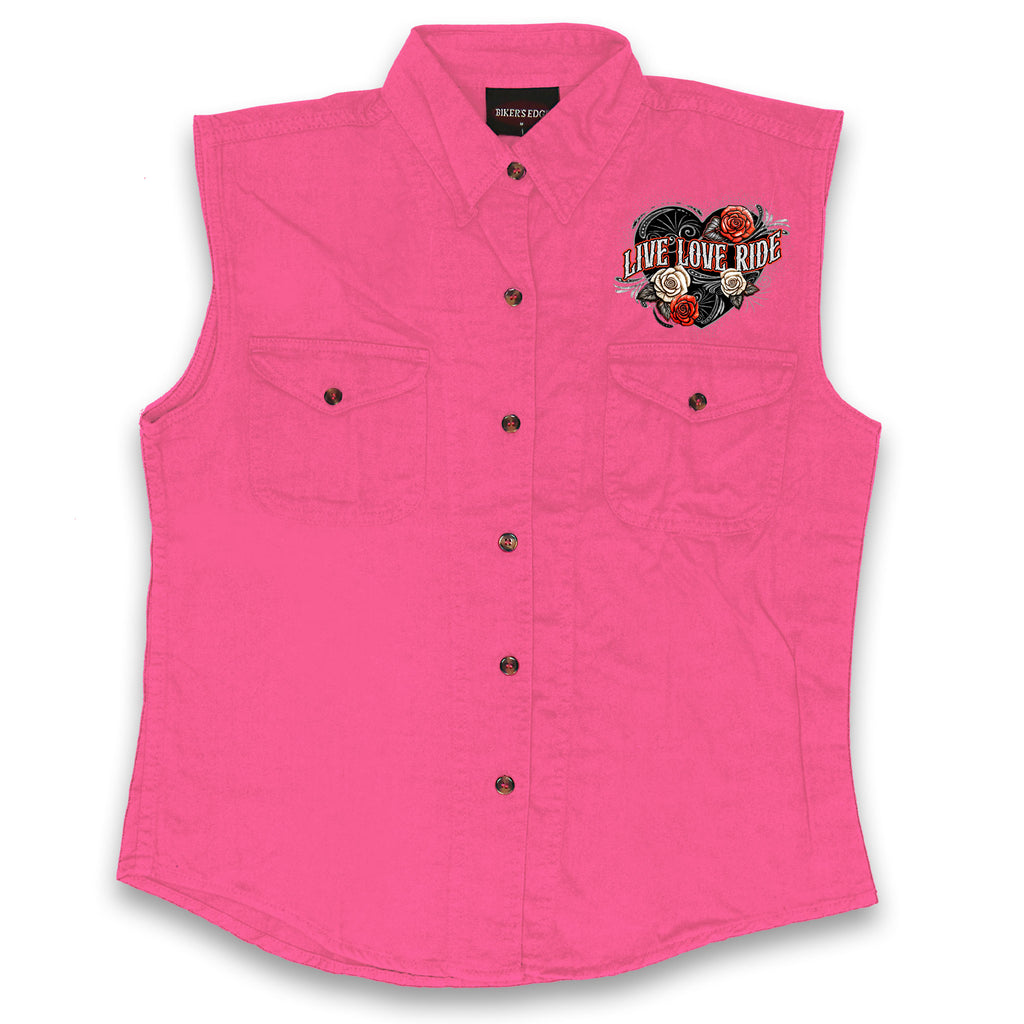 Hot Leathers Live Love Ride Wings Ladies Pink Denim Shirt GLC5002