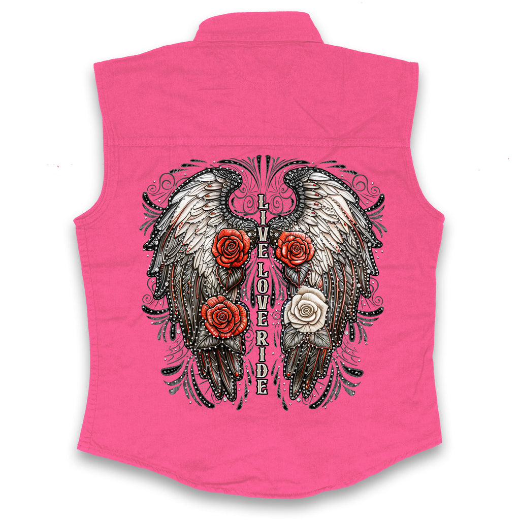 Hot Leathers Live Love Ride Wings Ladies Pink Denim Shirt GLC5002