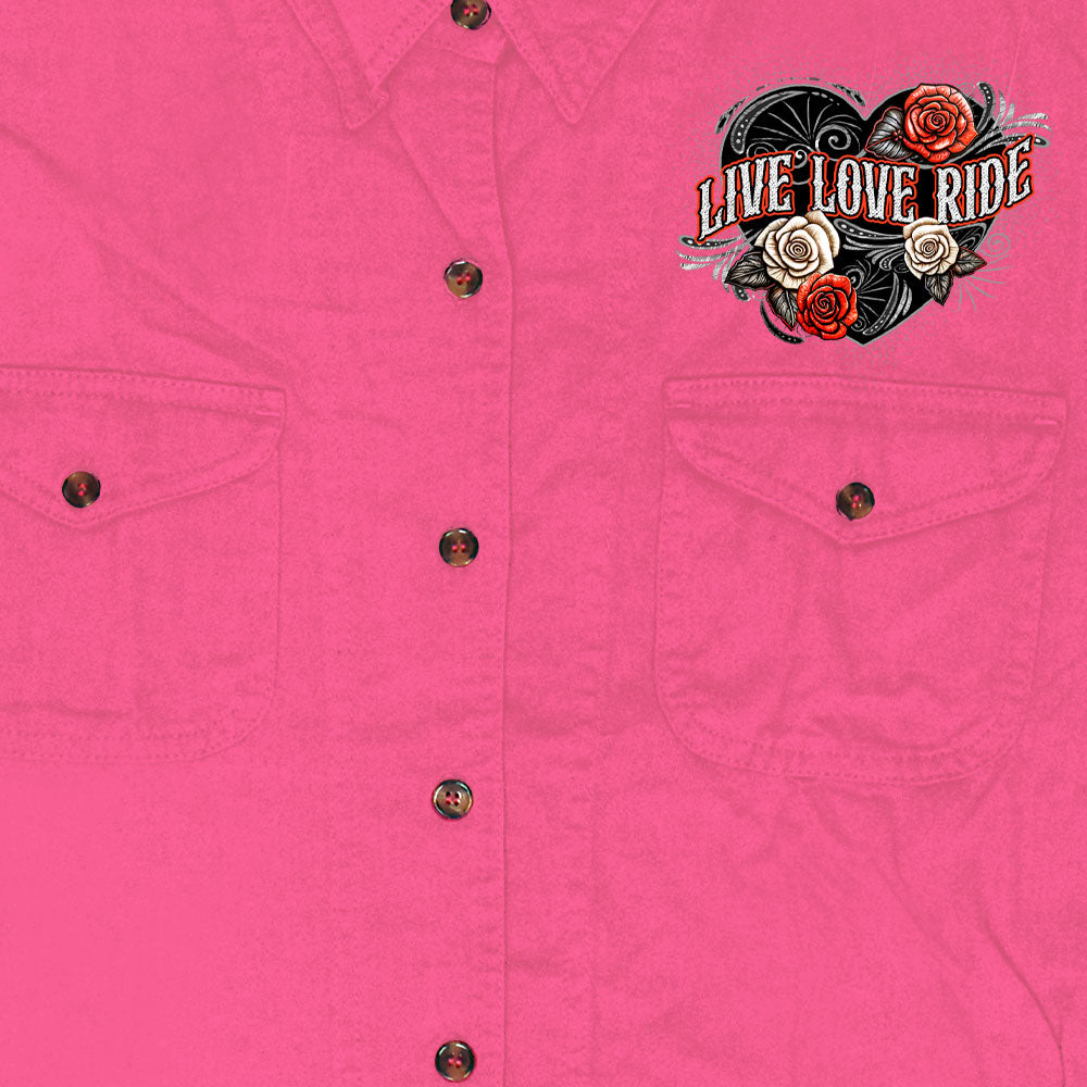 Hot Leathers Live Love Ride Wings Ladies Pink Denim Shirt GLC5002