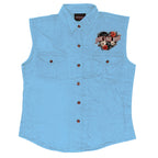 Hot Leathers Live Love Ride Womens Light Blue Denim Sleeveless Shirt GLC5004