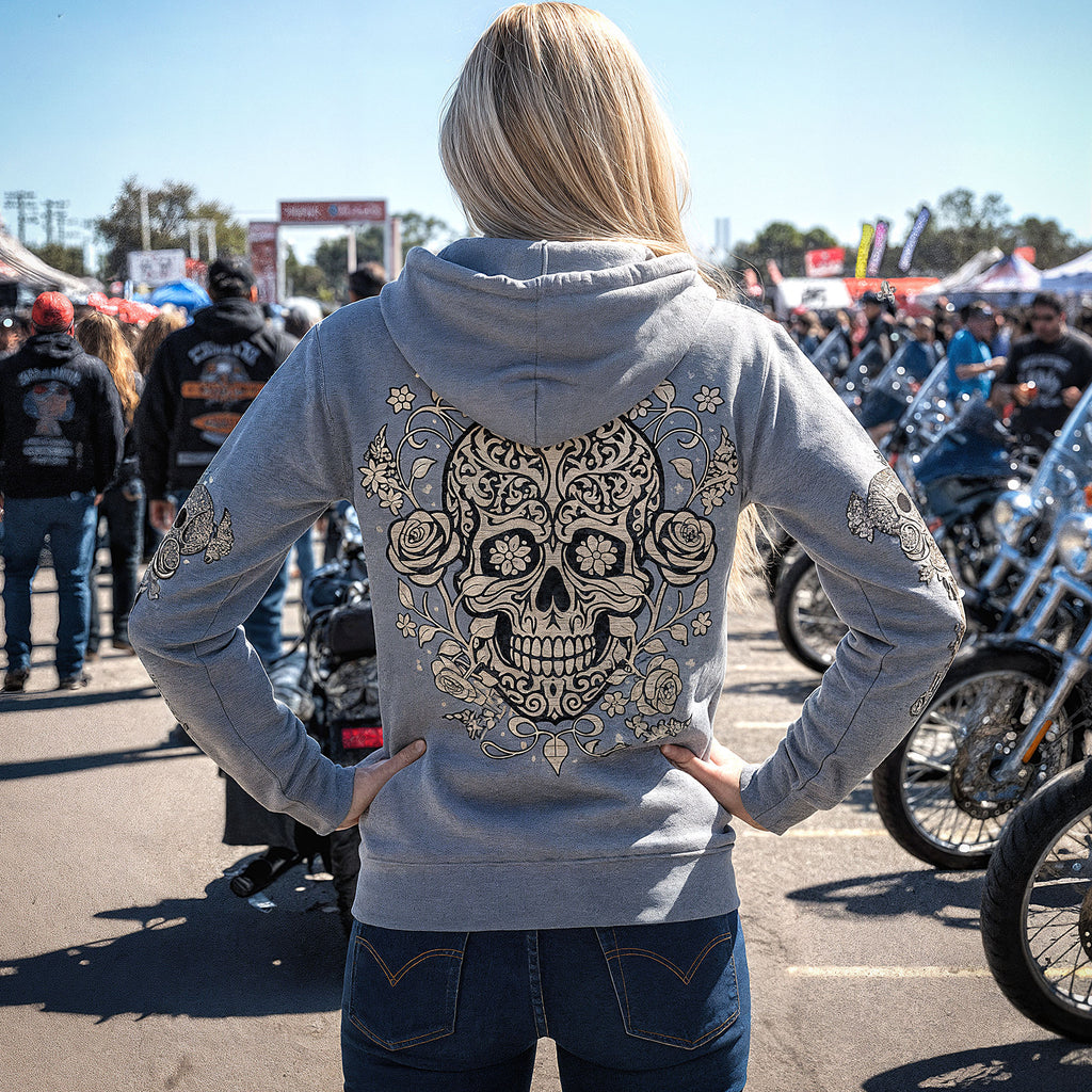 Hot Leathers Sugar Skull Magic Zip Up Hooded Heather Grey Sweatshirt GLZ4574