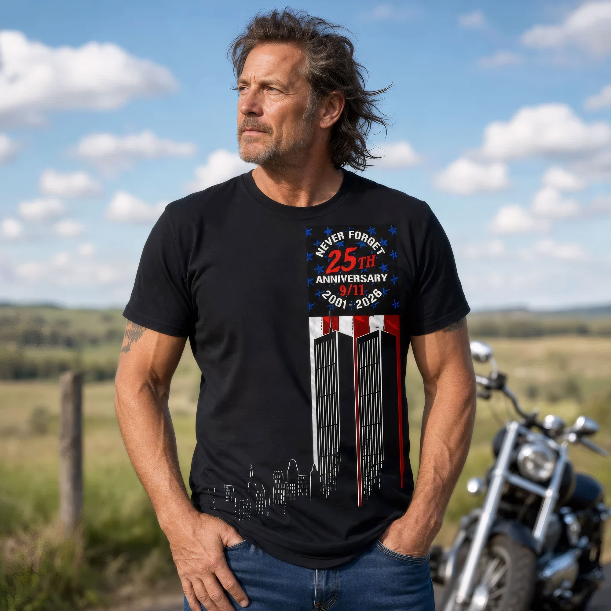 Hot Leathers GMD1543 Flag skyline 2026 Mens SS DS Black T-shirt