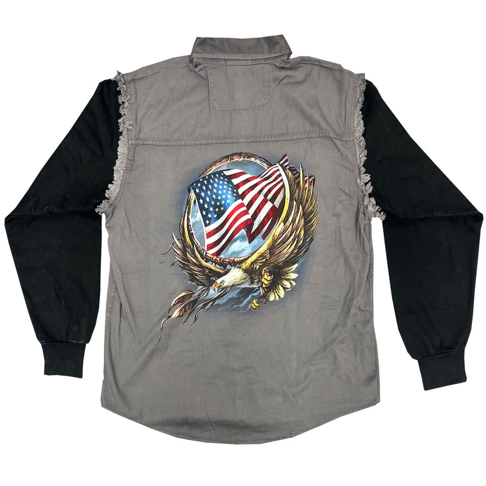 Hot Leathers GMD7001 Hoop Eagle Charcoal Denim with Black Sleeves Button Up Shirt
