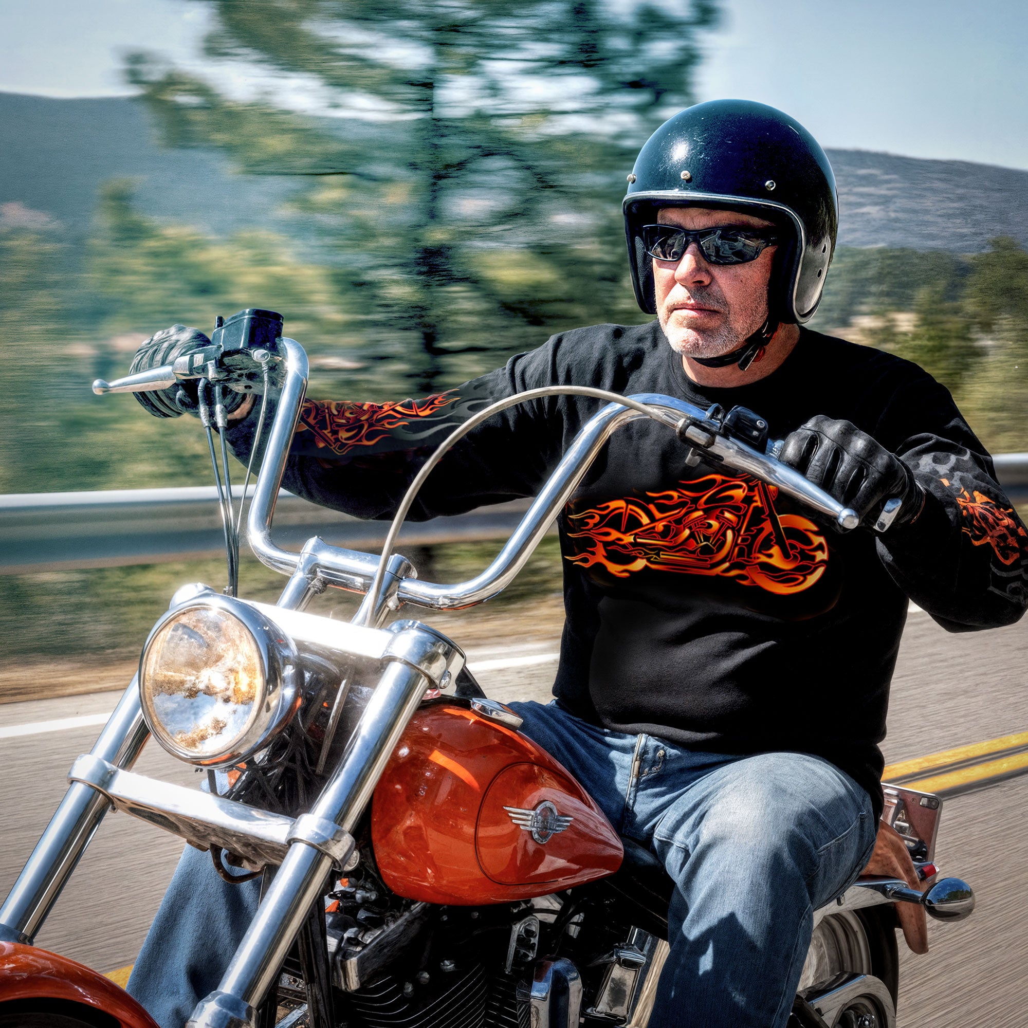 Hot Leathers GMS2154 Men’s ‘Fire Bobber’ Long Sleeve Black T-Shirt