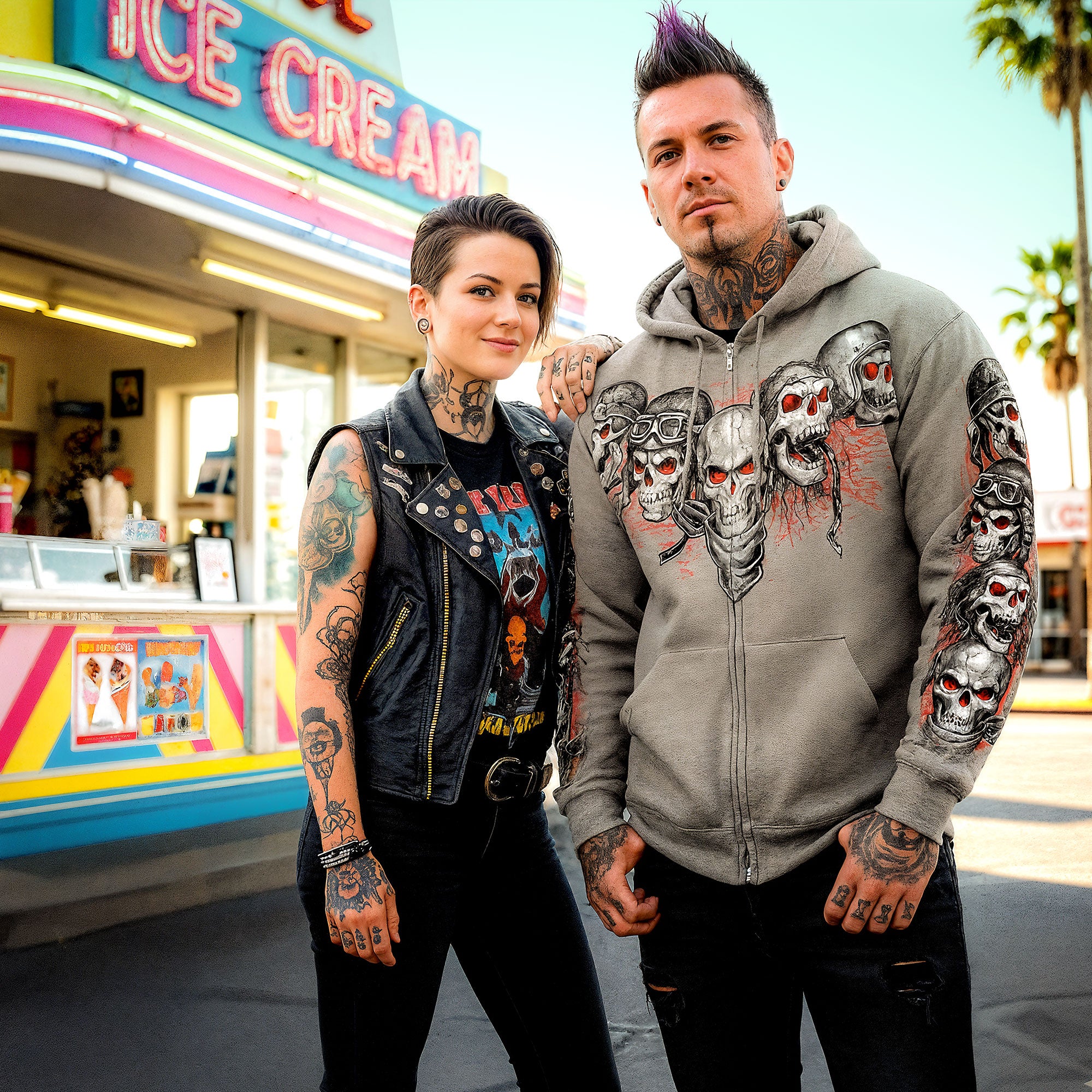 Red 5 Skulls Grey Zip Hoodie | Hot Leathers