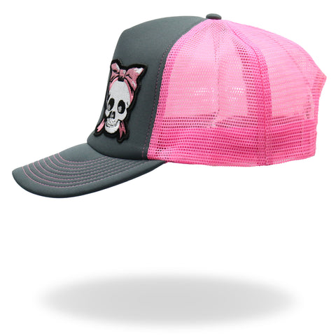 Hot Leathers Charcoal and pink Girly Skull Trucker Hat GSH1052