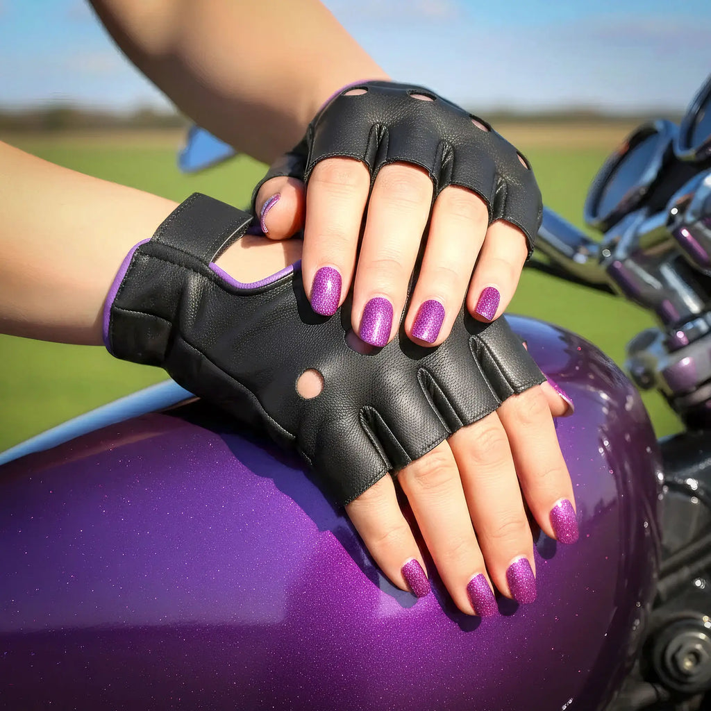 Hot Leathers GVL1005 Ladies Purple Piping Fingerless Gloves