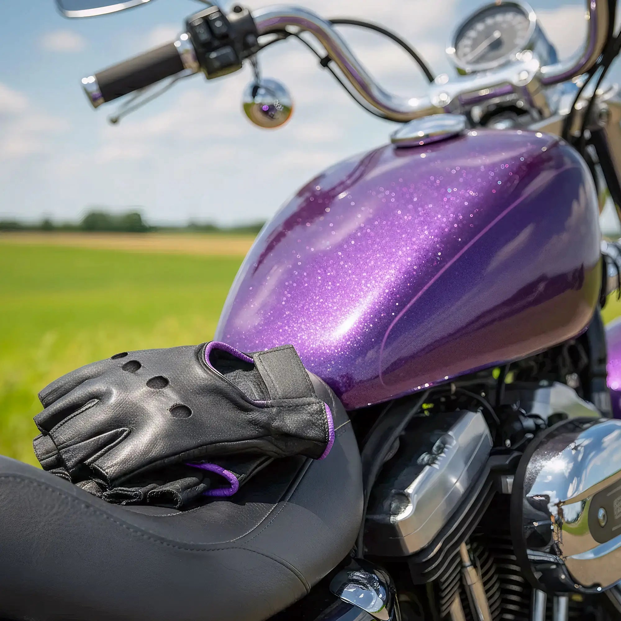 Hot Leathers GVL1005 Ladies Purple Piping Fingerless Gloves