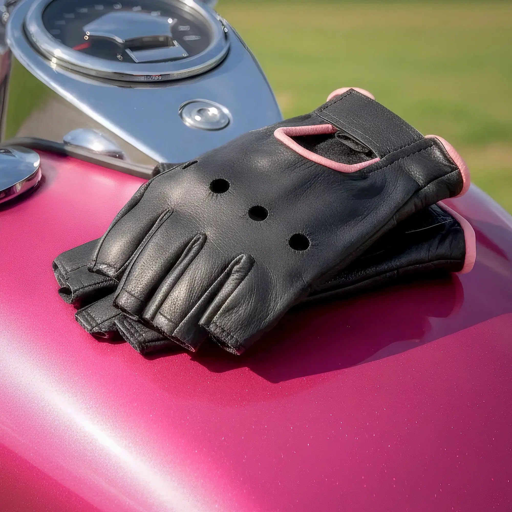 Hot Leathers GVL1006 Ladies Pink Piping Fingerless Gloves