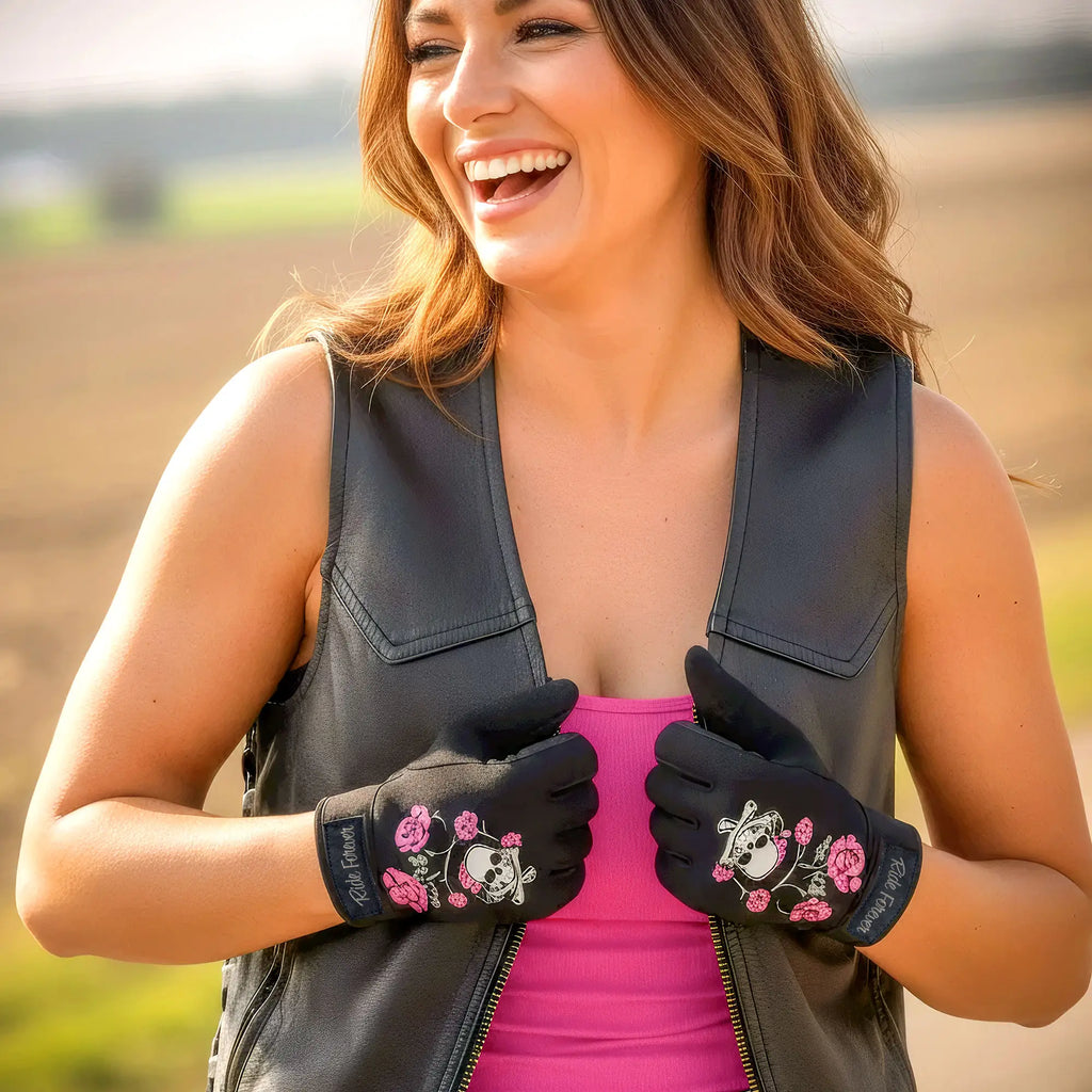 Hot Leathers GVL2005 Skull and Roses Ladies Mechanics Work Gloves