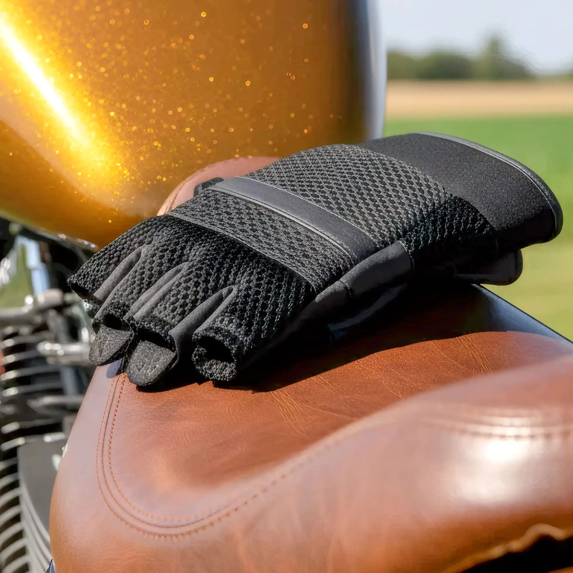 Hot Leathers GVM1026 Mens Black Leather and Mesh Fingerless Gloves