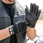 Hot Leathers GVM1301 Uni-Sex Black 'Row of Skulls' Leather and Mesh Gloves
