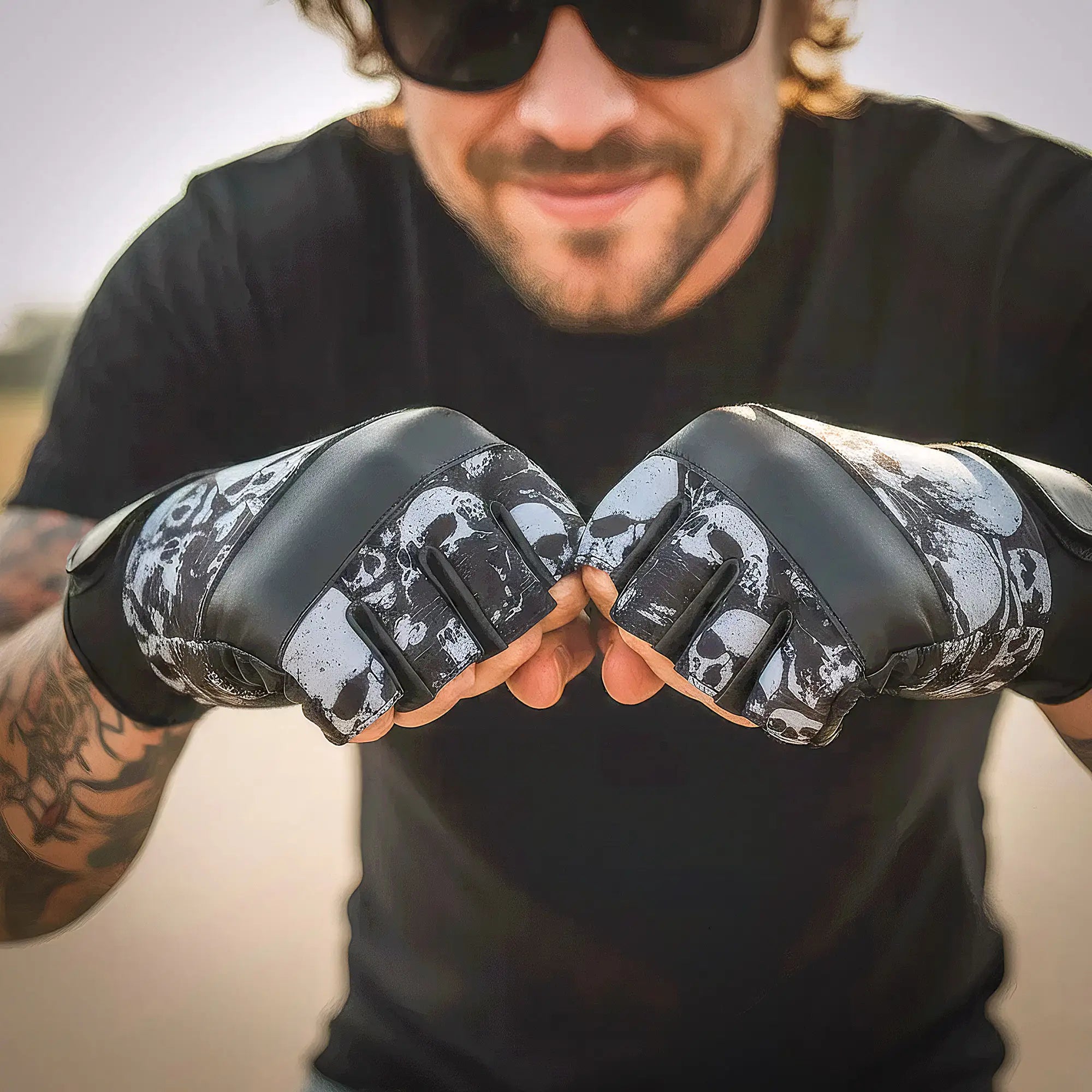 Hot Leathers GVM3009 Uni-Sex Black 'Ancient Skulls' Fingerless Leather Gloves