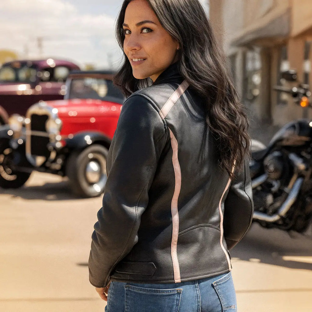 Hot Leathers JKL1022 Pink Striped Motorcycle Leather Biker Jacket with Reflective Piping
