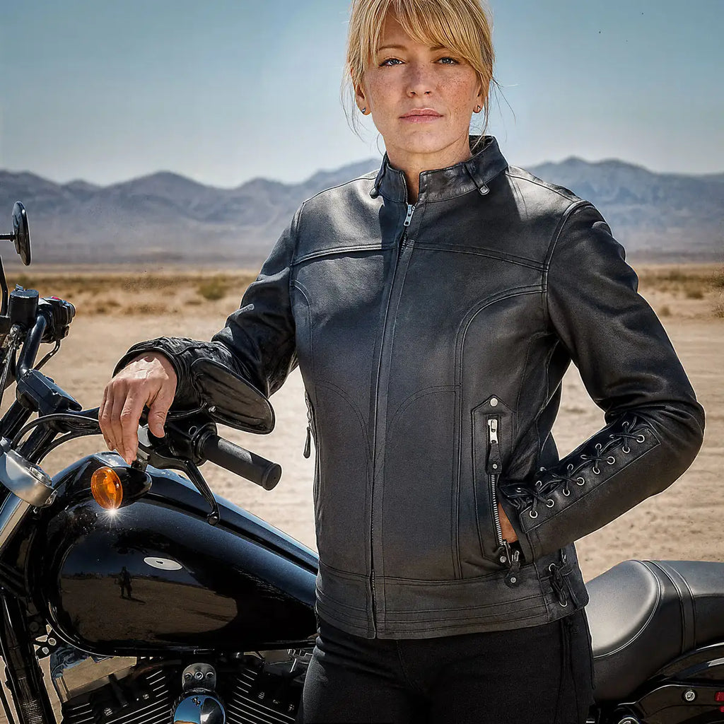 Hot Leathers JKL1025 Ladies Motorcycle style Lace Up Sleeves Leather Biker Jacket