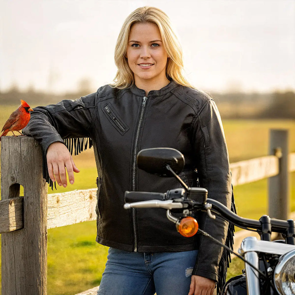 Hot Leathers JKL1028 Studs and Fringe Ladies Black Motorcycle style Carry Conceal Leather Biker Jacket