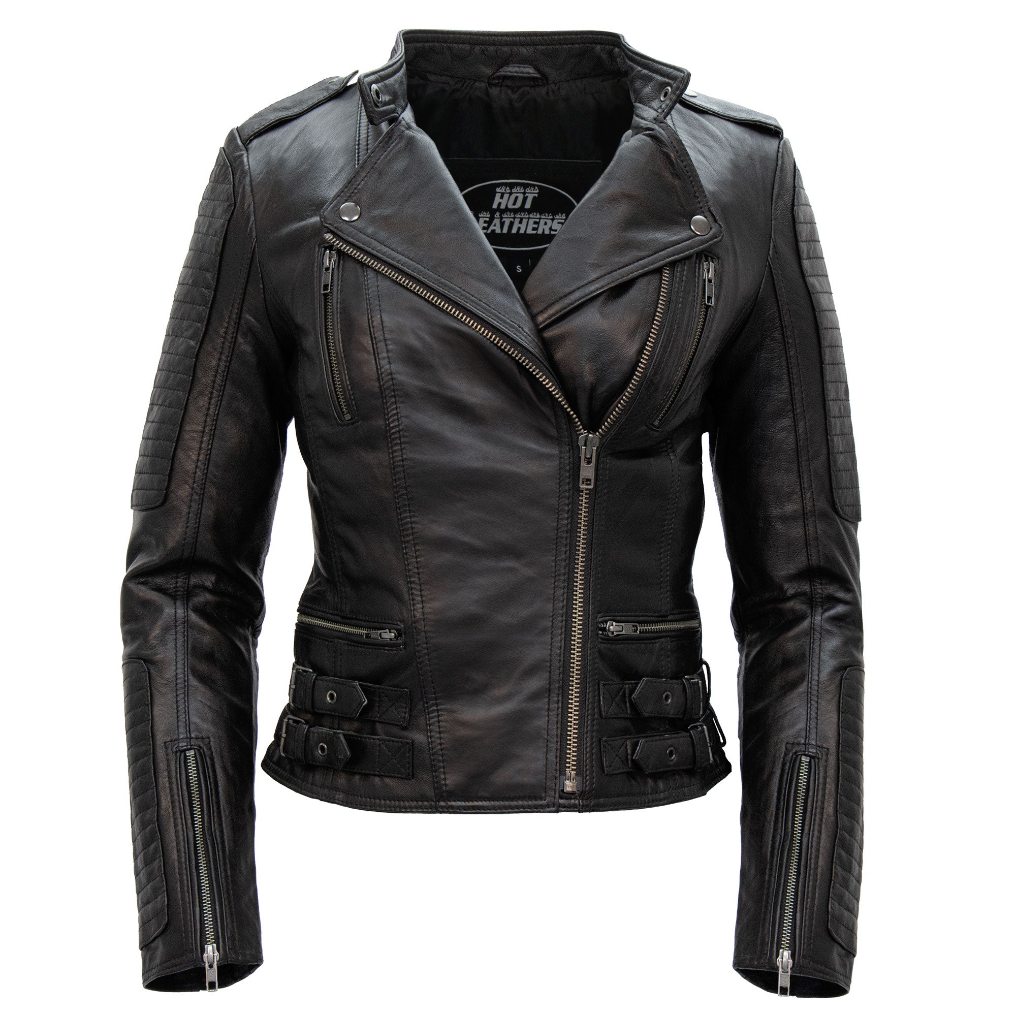 Hot Leathers JKL1030 Ladies Lightweight Motorcycle Black Leather Biker Jacket with Side Buckles